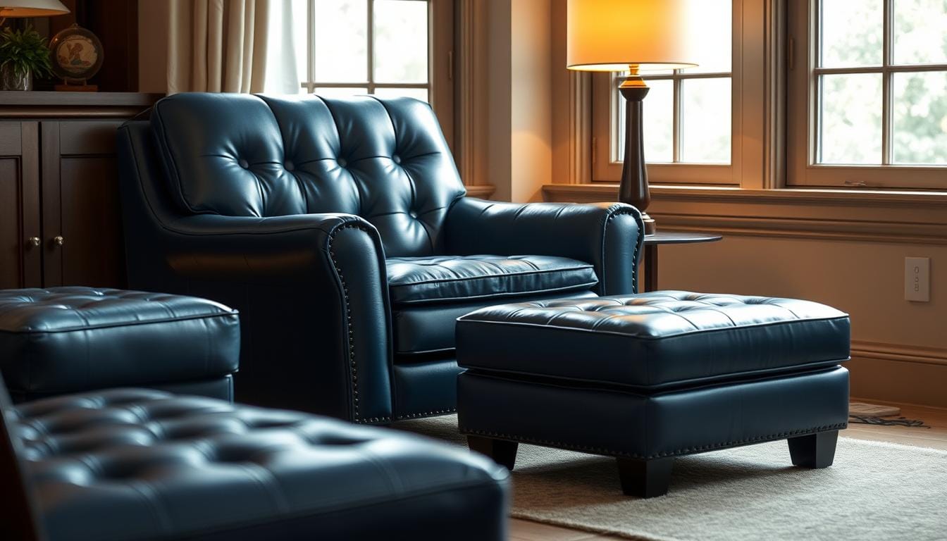 Read more about the article Blue Leather Chair and Ottoman: The Perfect Blend of Comfort and Style