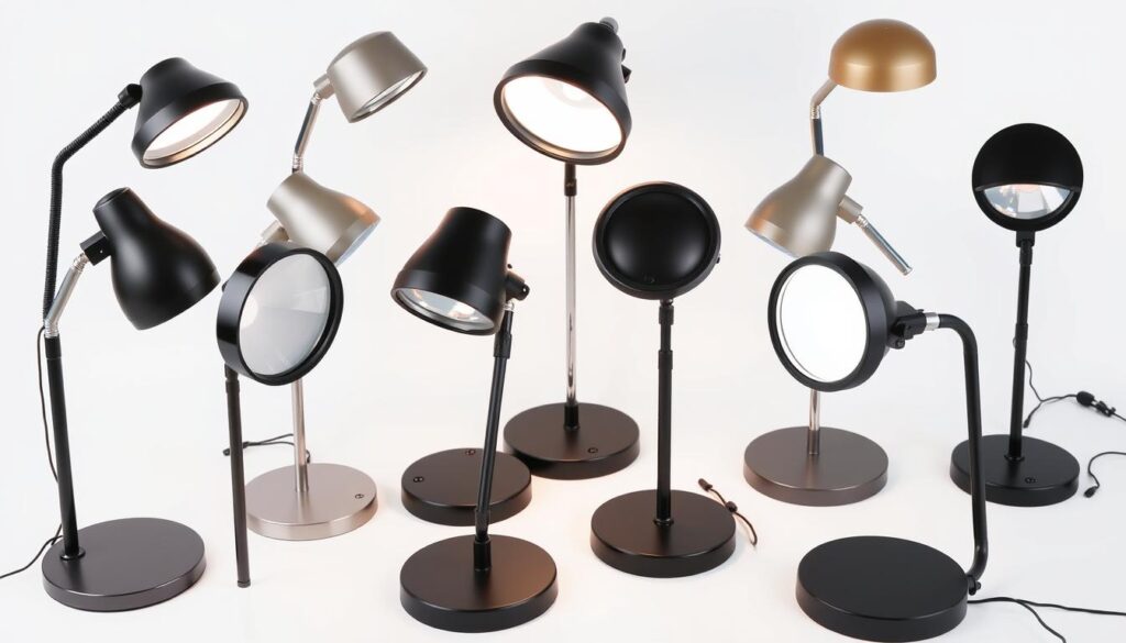 Various magnifying lamps with stands showing different features and designs Various magnifying lamps with stands showing different features and designs